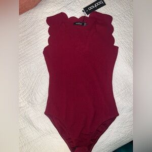 Boohoo Deep Red Scalloped Bodysuit